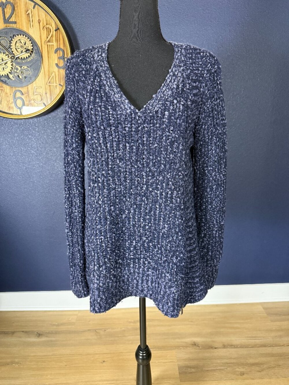 Moth Anthropologie Navy Marled Chunky Knit V-Neck Side Zip Sweater | S